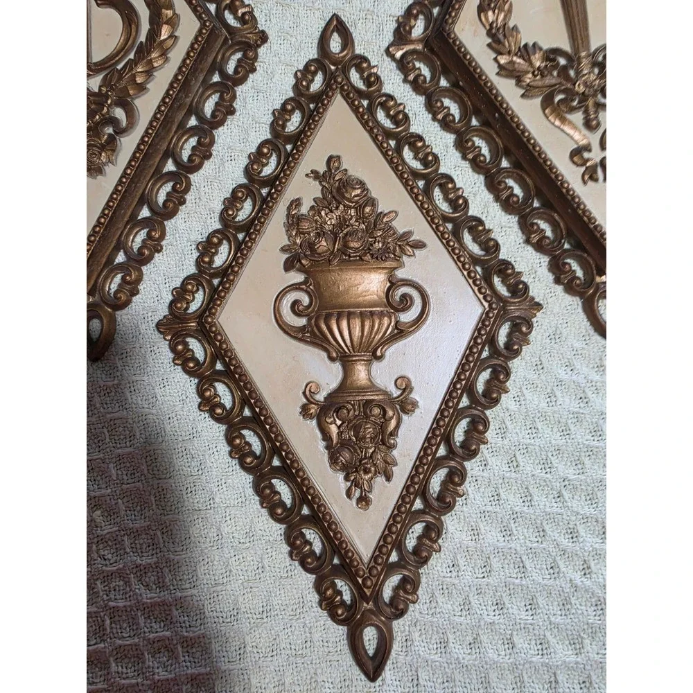 Vintage 1971 Homco Gold Diamond Wall Plaques Set of 4 Lyre Torch Urn 7226